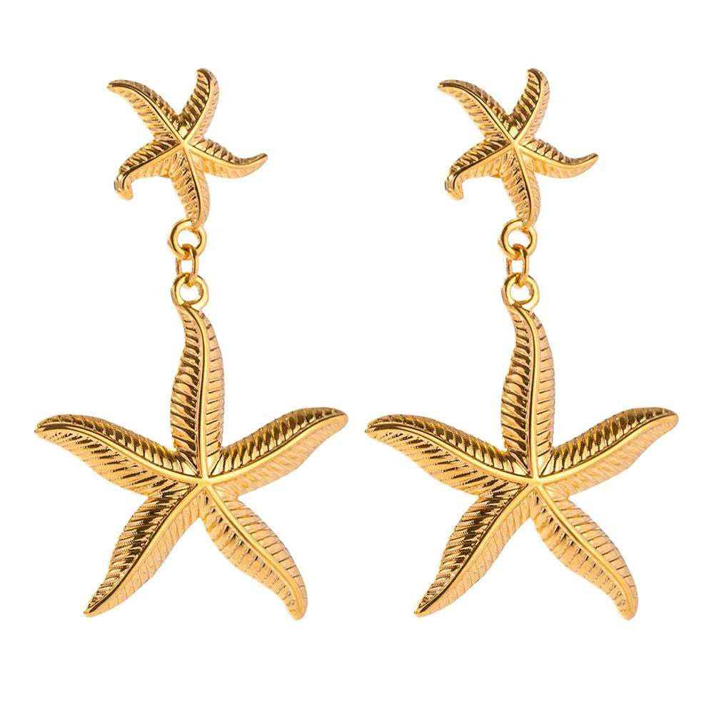 Boucles d'oreilles Dorées pendantes double étoiles de mer