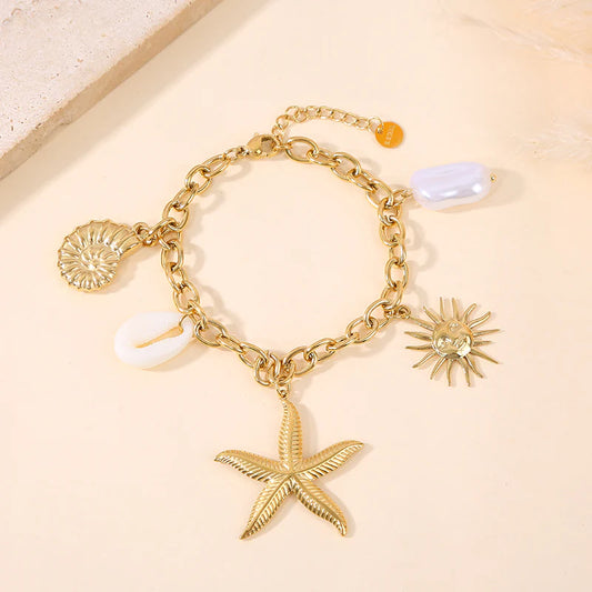 Bracelet Doré breloques Etoile de Mer Coquillage Perle