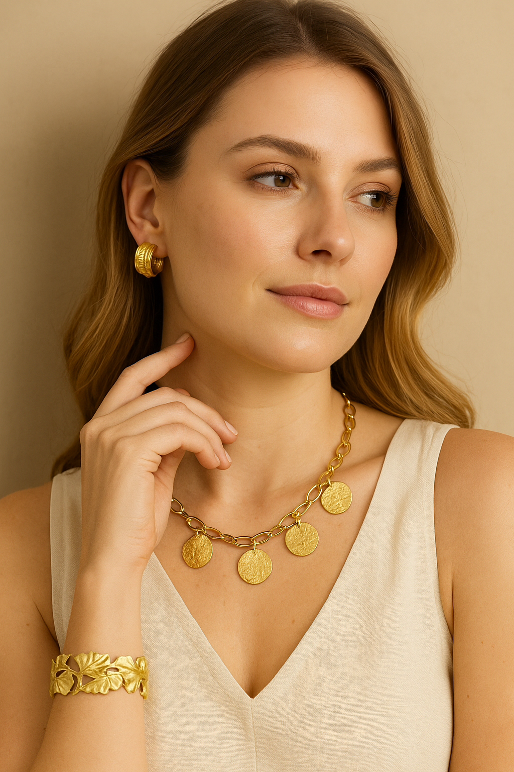 Collier Chaîne Dorée Grands Médaillons Martelés